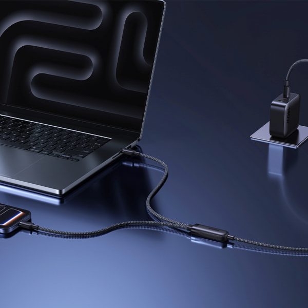 2-in-1 USB-C kabelis - 2x USB-C 140W 1,5 m - melns