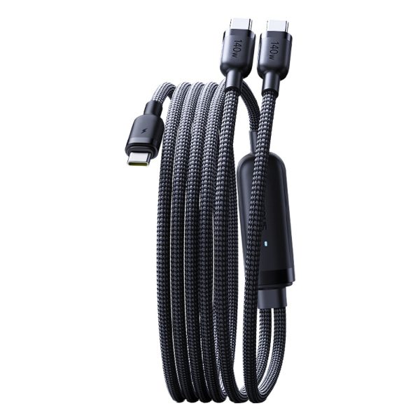 2-in-1 USB-C kabelis - 2x USB-C 140W 1,5 m - melns