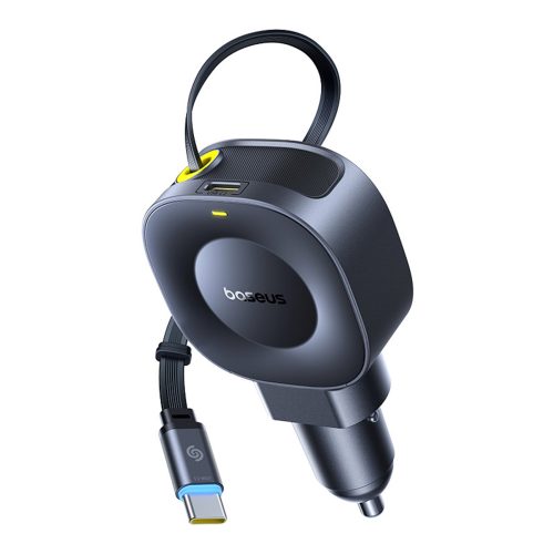 USB-C automašīnas lādētājs ar ievelkamu USB-C kabeli 30W - melns