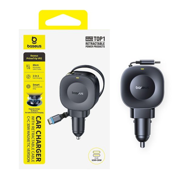USB-C automašīnas lādētājs ar ievelkamu USB-C kabeli 30W - melns