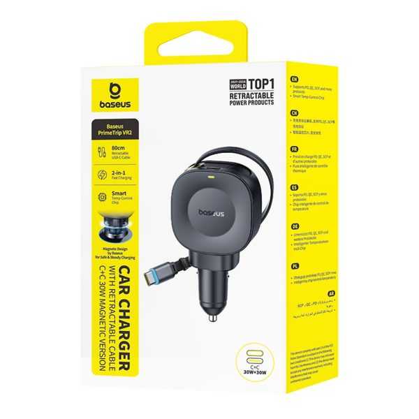 USB-C automašīnas lādētājs ar ievelkamu USB-C kabeli 30W - melns