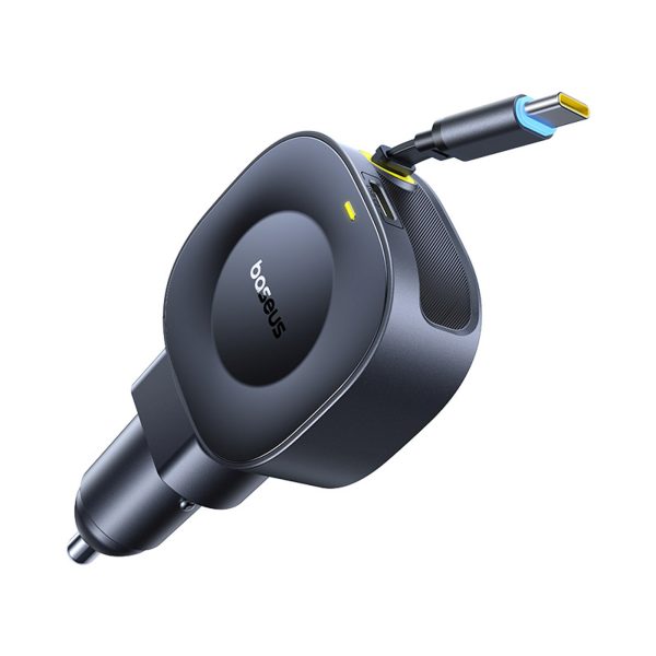 USB-C automašīnas lādētājs ar ievelkamu USB-C kabeli 45W - melns