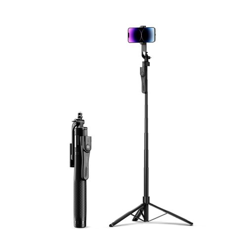 Selfiju nūjas statīvs 1/4 collu tālruņa kamerai ar 360 grādu rotāciju un Bluetooth - melns