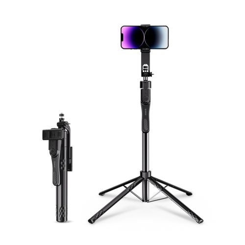 Selfiju nūjas statīvs 1/4 collu tālruņa kamerai ar 360 grādu rotāciju un Bluetooth - melns