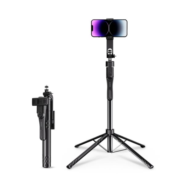 Selfiju nūjas statīvs 1/4 collu tālruņa kamerai ar 360 grādu rotāciju un Bluetooth - melns