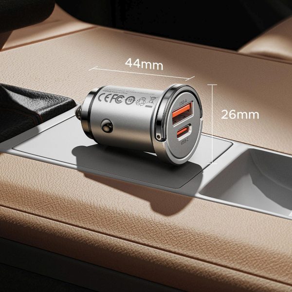 USB-A USB-C 45W automašīnas lādētājs - sudrabs