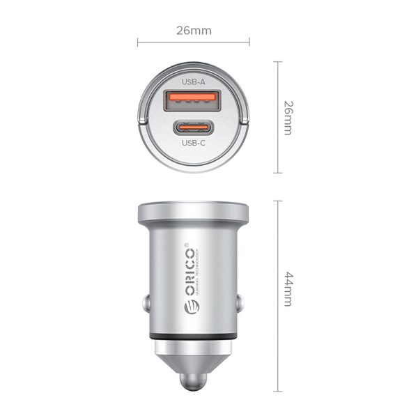 USB-A USB-C 45W automašīnas lādētājs - sudrabs