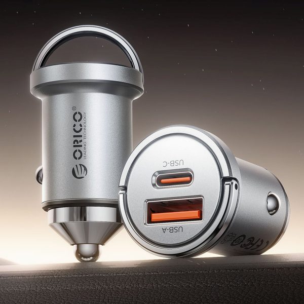 USB-A USB-C 45W automašīnas lādētājs - sudrabs