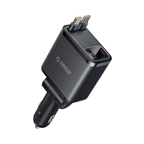45 W USB-A USB-C automašīnas lādētājs ar ievelkamiem USB-C kabeļiem - melns