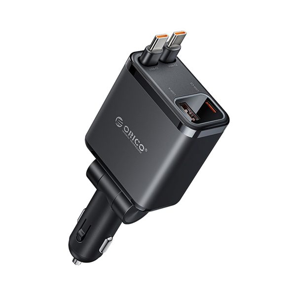 45 W USB-A USB-C automašīnas lādētājs ar ievelkamiem USB-C kabeļiem - melns