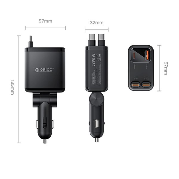 45 W USB-A USB-C automašīnas lādētājs ar ievelkamiem USB-C kabeļiem - melns