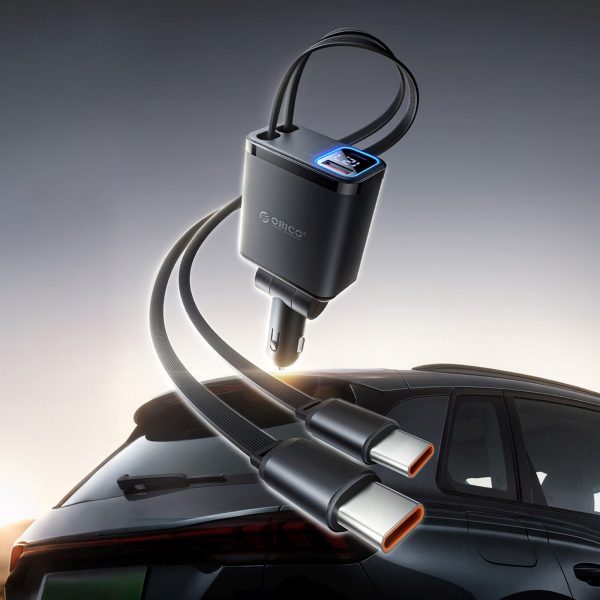 45 W USB-A USB-C automašīnas lādētājs ar ievelkamiem USB-C kabeļiem - melns