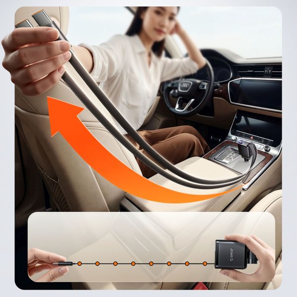 45 W USB-A USB-C automašīnas lādētājs ar ievelkamiem USB-C kabeļiem - melns