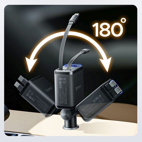 45 W USB-A USB-C automašīnas lādētājs ar ievelkamiem USB-C kabeļiem - melns