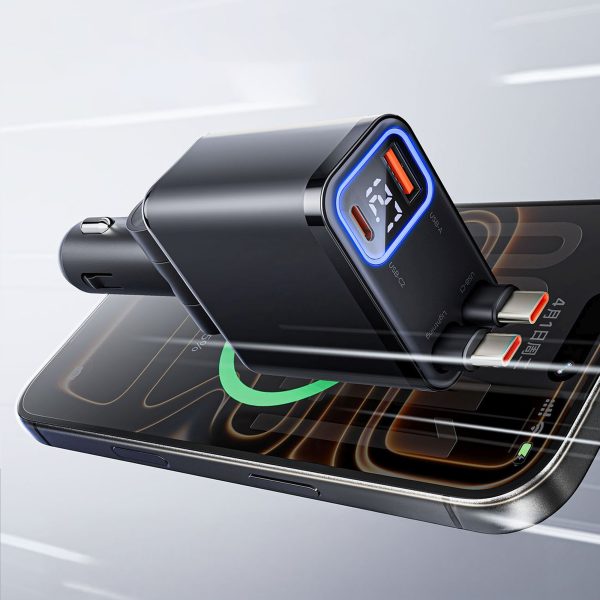 45 W USB-A USB-C automašīnas lādētājs ar ievelkamiem USB-C kabeļiem - melns