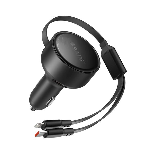 60 W USB-C automašīnas lādētājs ar ievelkamu USB-C iPhone Lightning kabeli - melns