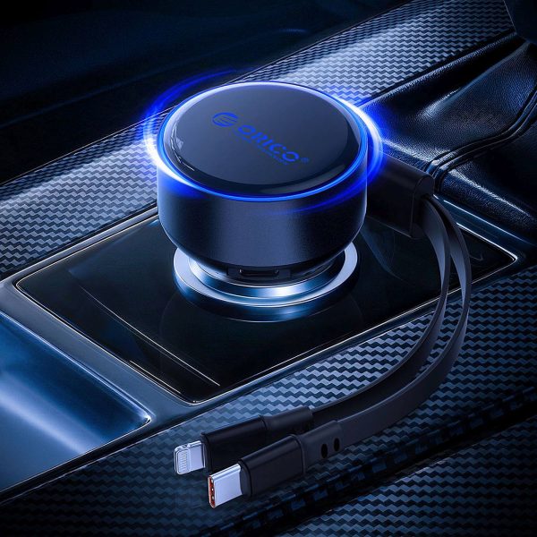 60 W USB-C automašīnas lādētājs ar ievelkamu USB-C iPhone Lightning kabeli - melns