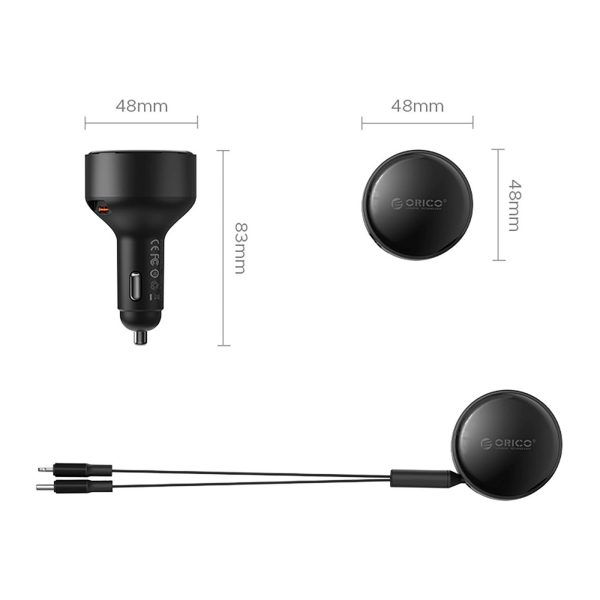 60 W USB-C automašīnas lādētājs ar ievelkamu USB-C iPhone Lightning kabeli - melns