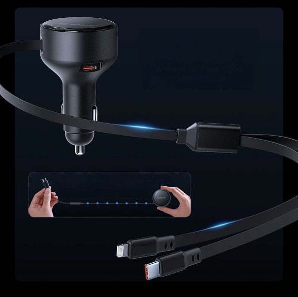 60 W USB-C automašīnas lādētājs ar ievelkamu USB-C iPhone Lightning kabeli - melns