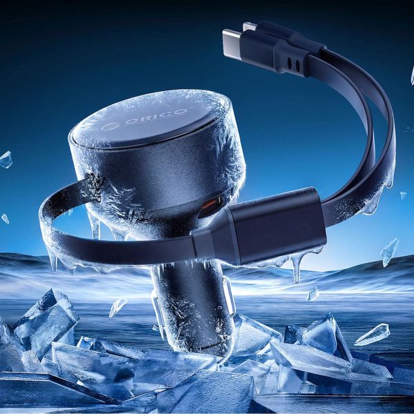 60 W USB-C automašīnas lādētājs ar ievelkamu USB-C iPhone Lightning kabeli - melns