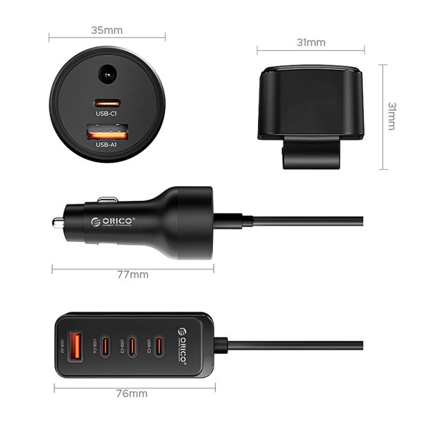USB-A USB-C automašīnas lādētājs ar 108 W pagarinātāju - melns