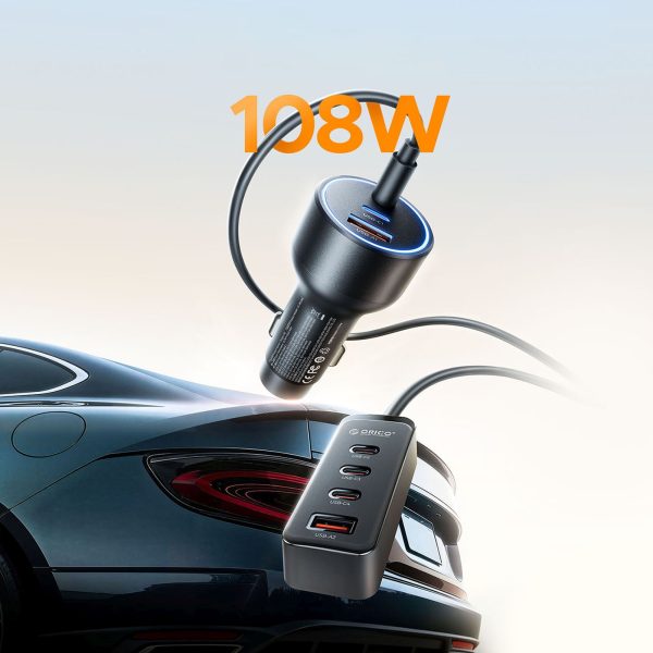 USB-A USB-C automašīnas lādētājs ar 108 W pagarinātāju - melns