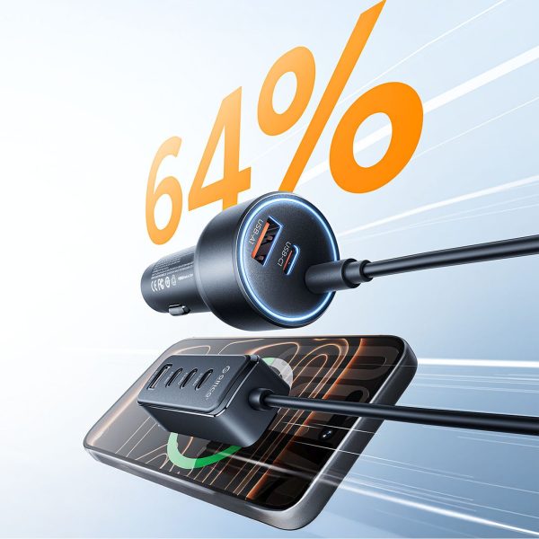 USB-A USB-C automašīnas lādētājs ar 108 W pagarinātāju - melns