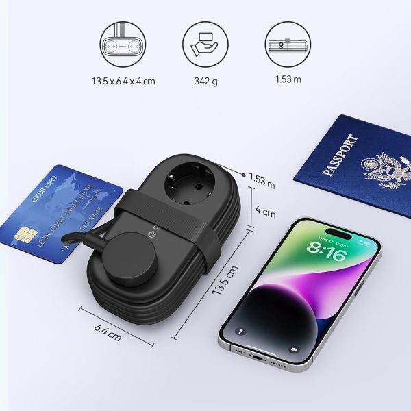5-in-1 AC USB-A USB-C GaN 20W strāvas pagarinātājs - melns
