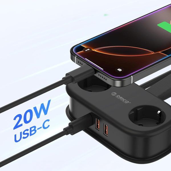5-in-1 AC USB-A USB-C GaN 20W strāvas pagarinātājs - melns