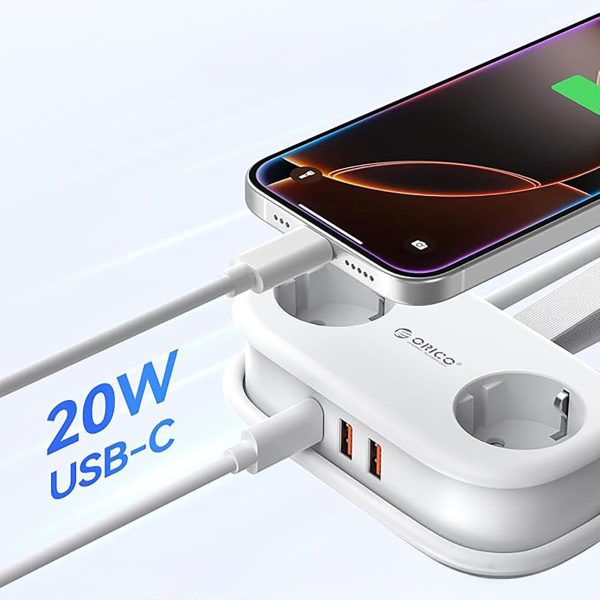 5-in-1 AC USB-A USB-C GaN 20W strāvas pagarinātājs - balts