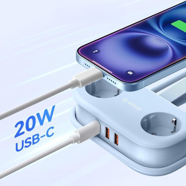 5-in-1 AC USB-A USB-C GaN 20W strāvas pagarinātājs - zils