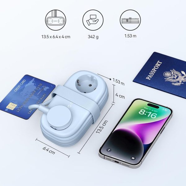 5-in-1 AC USB-A USB-C GaN 20W strāvas pagarinātājs - zils