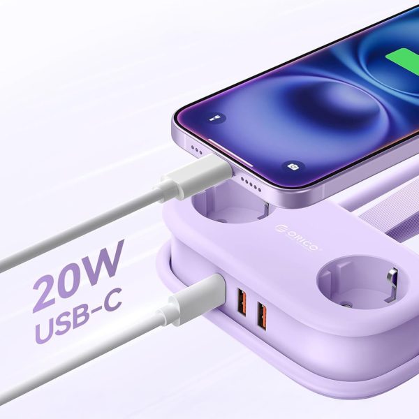 5-in-1 AC USB-A USB-C GaN 20W strāvas pagarinātājs - violets
