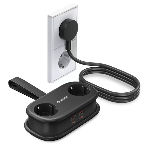 6-in-1 AC USB-A USB-C GaN 65W strāvas pagarinātājs - melns