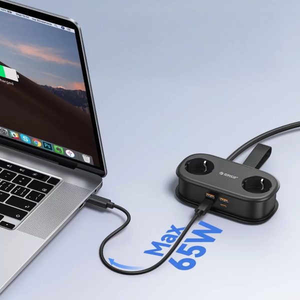 6-in-1 AC USB-A USB-C GaN 65W strāvas pagarinātājs - melns