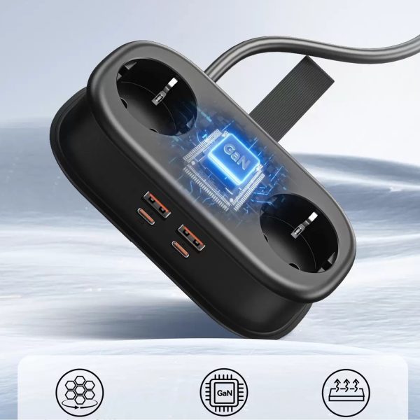 6-in-1 AC USB-A USB-C GaN 65W strāvas pagarinātājs - melns