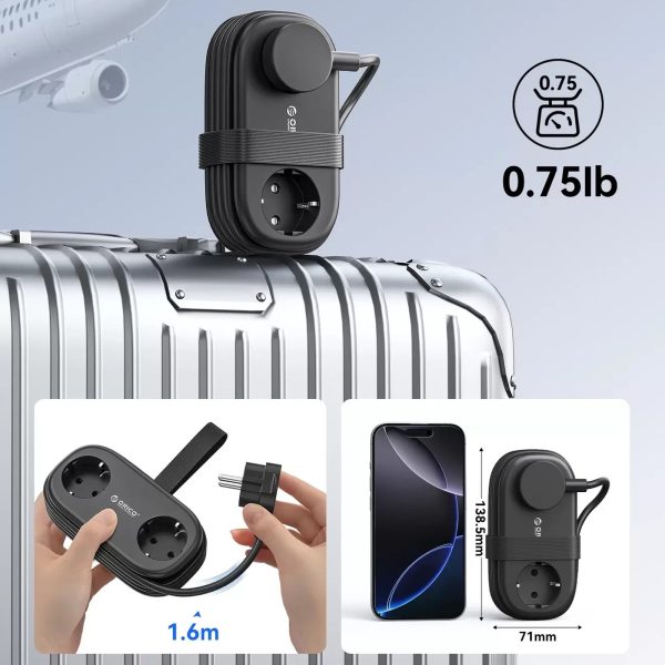6-in-1 AC USB-A USB-C GaN 65W strāvas pagarinātājs - melns
