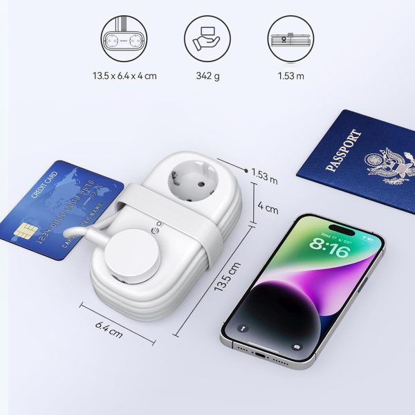 6-in-1 AC USB-A USB-C GaN 65W strāvas pagarinātājs - balts