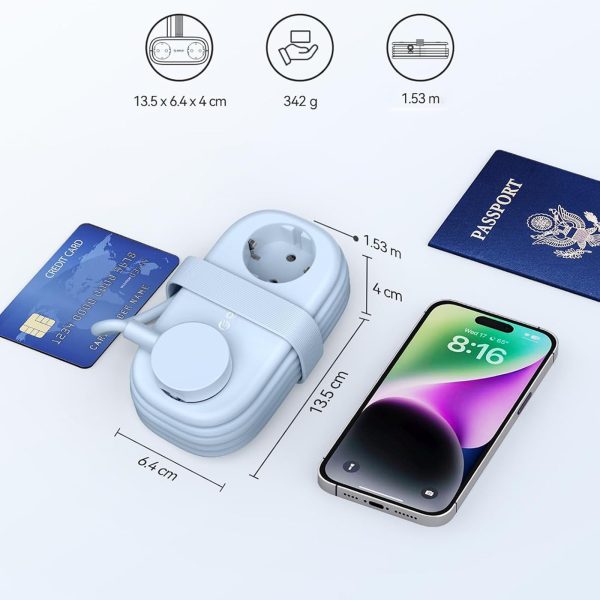 6-in-1 AC USB-A USB-C GaN 65W strāvas pagarinātājs - zils