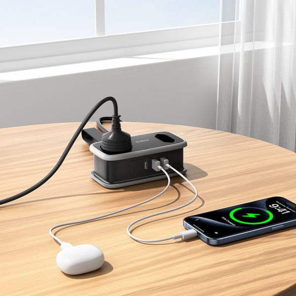 5-in-1 AC USB-A USB-C 15.5W strāvas pagarinātājs - melns