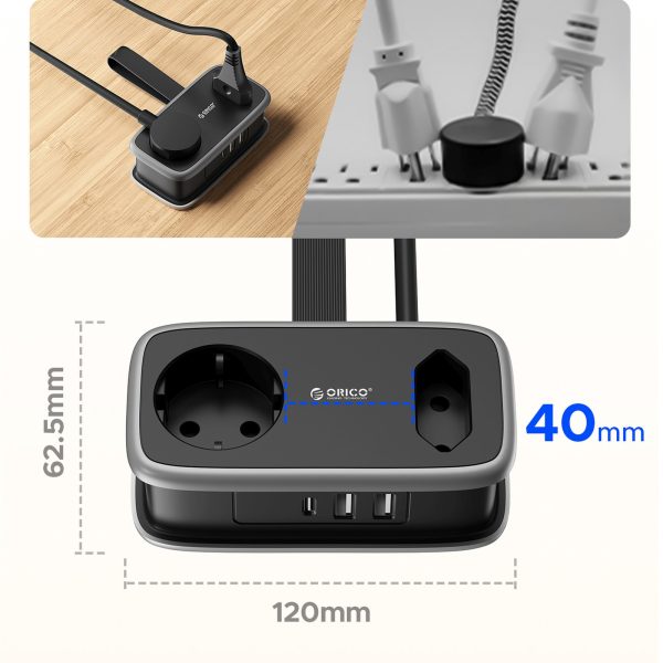 5-in-1 AC USB-A USB-C 15.5W strāvas pagarinātājs - melns
