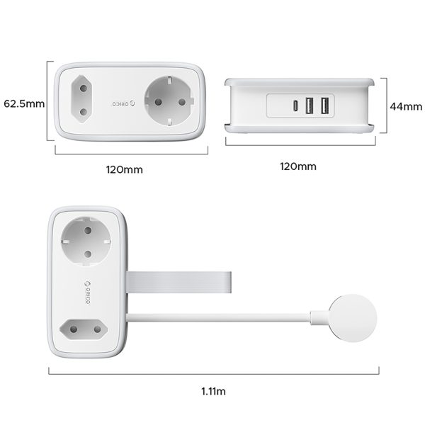 5-in-1 AC USB-A USB-C 15,5 W strāvas pagarinātājs - balts