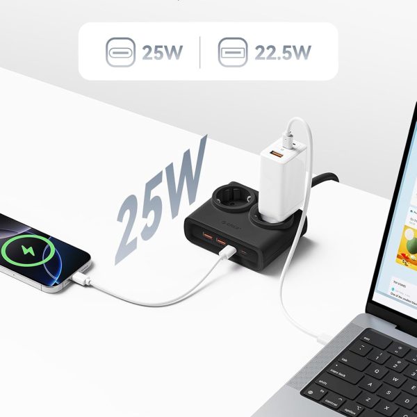 6-in-1 AC USB-A USB-C 25W strāvas pagarinātājs - melns