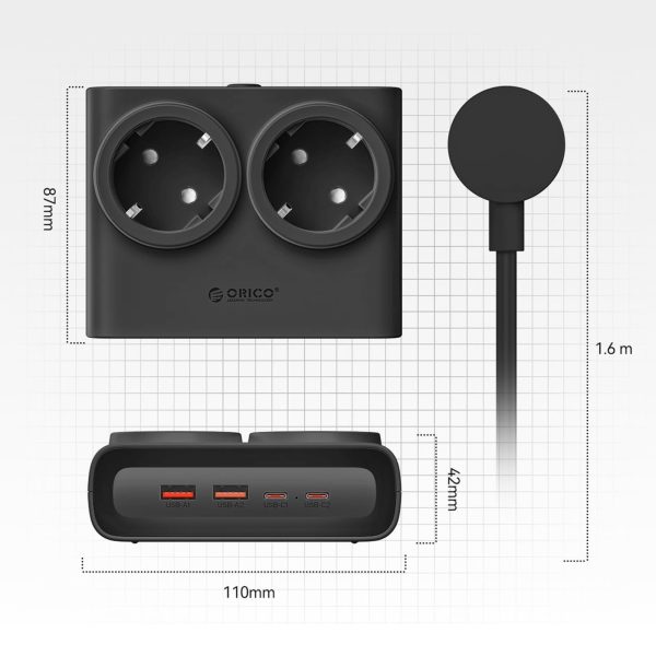 6-in-1 AC USB-A USB-C 25W strāvas pagarinātājs - melns