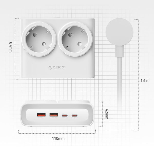 6-in-1 AC USB-A USB-C 25W strāvas pagarinātājs - balts