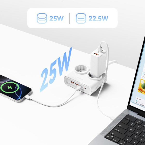 6-in-1 AC USB-A USB-C 25W strāvas pagarinātājs - balts