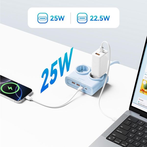 6-in-1 AC USB-A USB-C 25W strāvas pagarinātājs - zils