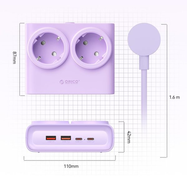 6-in-1 AC USB-A USB-C 25W strāvas pagarinātājs - violets