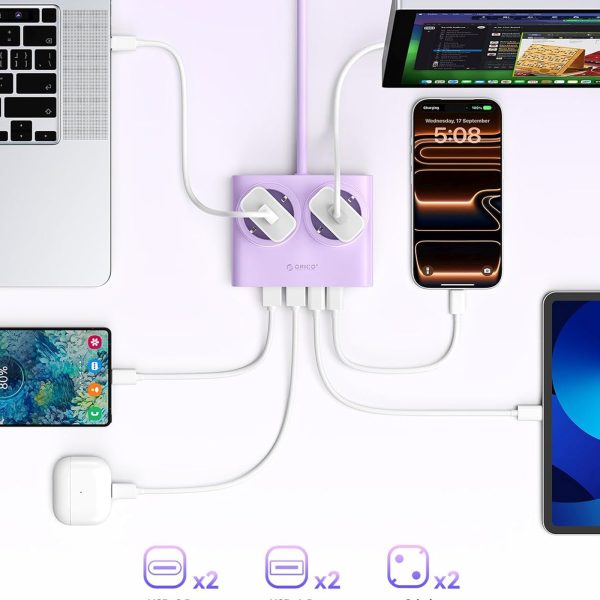 6-in-1 AC USB-A USB-C 25W strāvas pagarinātājs - violets