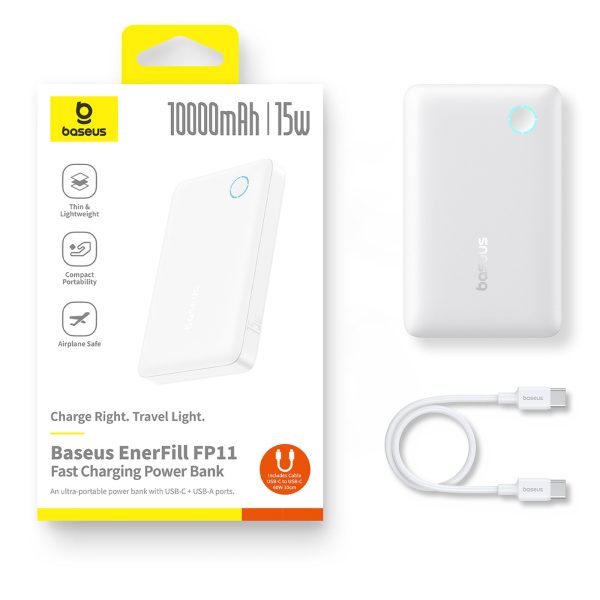 Powerbank 10000mAh 15W EnerFill FP11 ar USB-C kabeli 30cm - balts